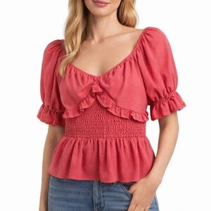 NSR Pink Coral Puff Short Sleeves Ruffled Casual Peplum Blouse Peasant Tops M